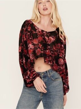 Free People Black Crop Top with Red Floral Velvet Burnout